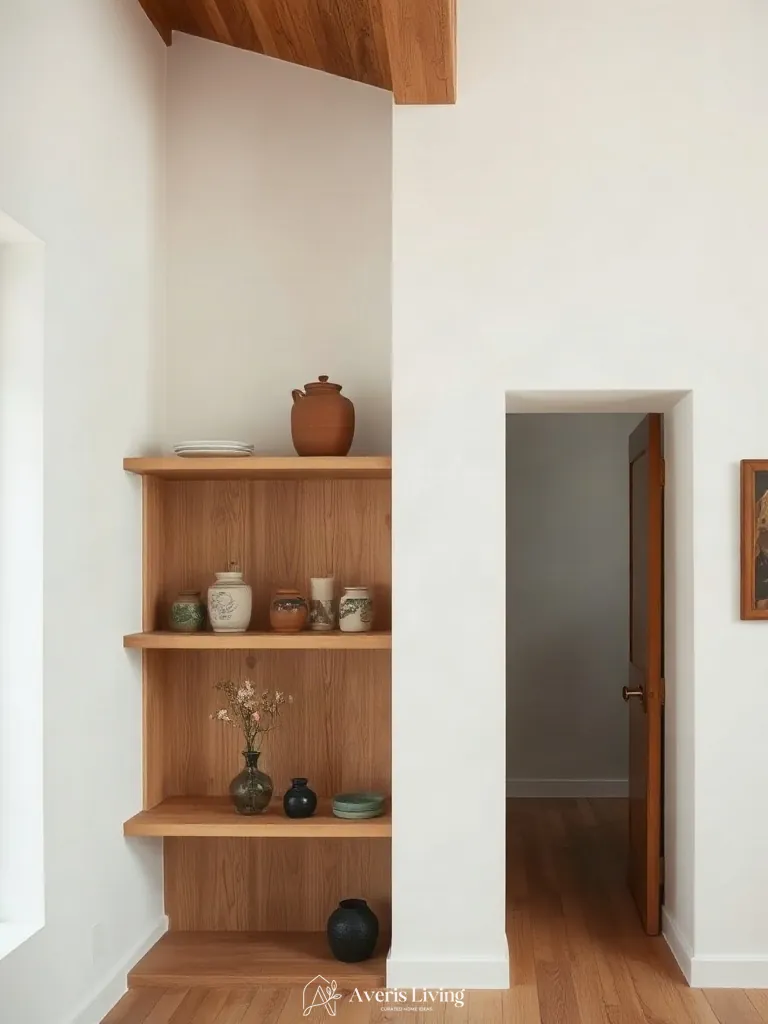 Rift-cut oak shelves and vintage kitchen wall decor