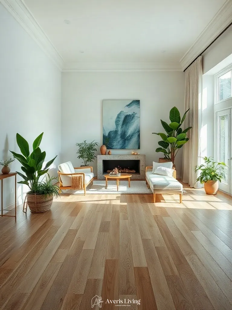 White oak flooring and green indoor plants in a refined boho living room