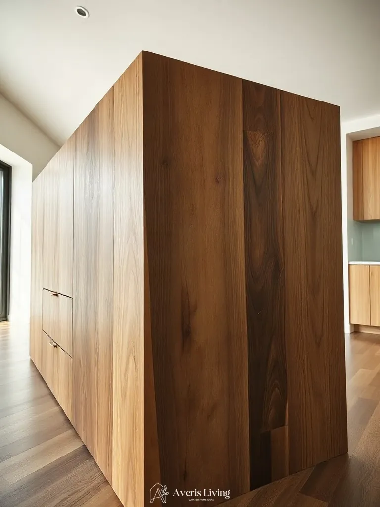 Rift-cut timber texture on a custom rustic wood kitchen island.