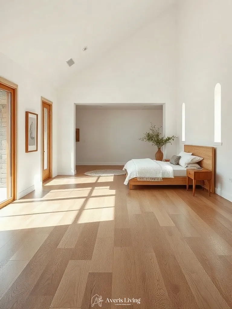 White oak flooring in an earthy boho bedroom aesthetic