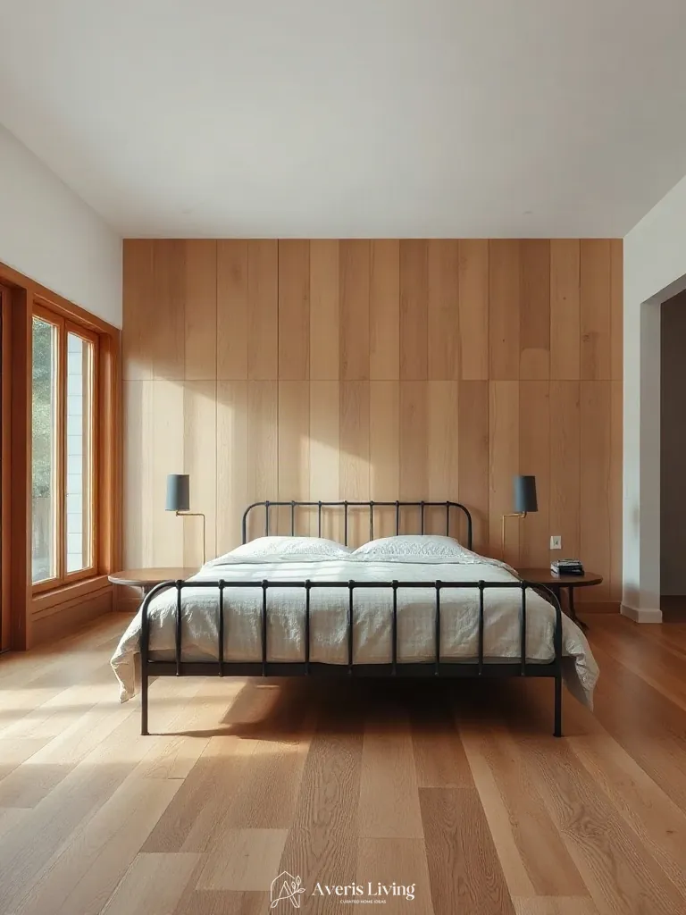 Rift-cut white oak flooring anchoring an iron bed frame styling setup