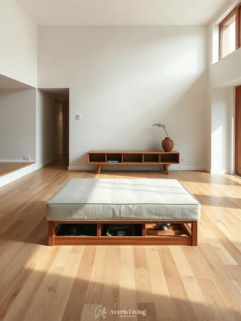 Rift-cut white oak flooring grounding a clean linen storage ottoman