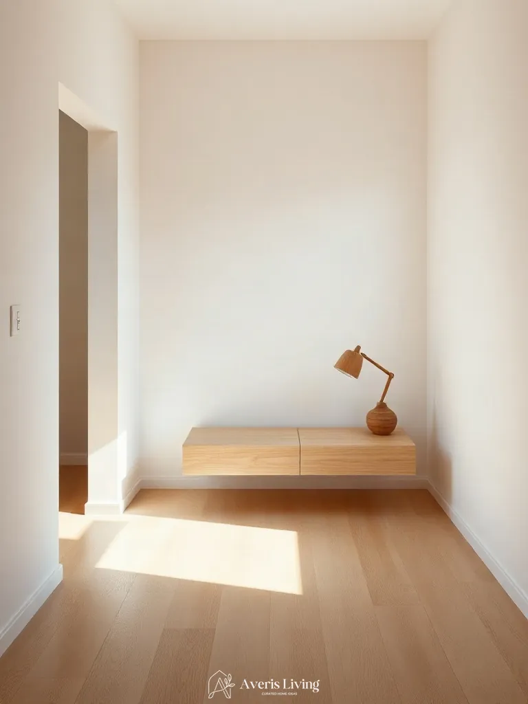 Rift-cut white oak floating nightstands creating warm organic small bedroom