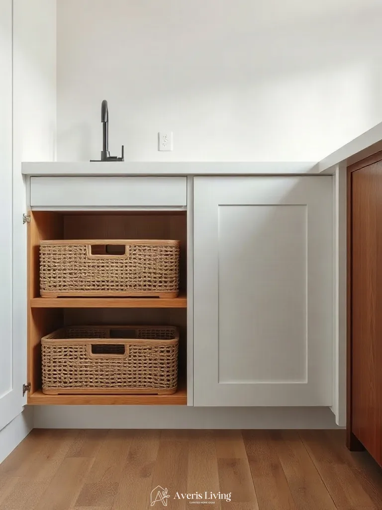 Rift-cut white oak compartments in under sink storage solutions kitchen.