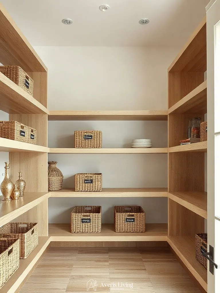 Rift-cut white oak shelves holding woven bins and labels.