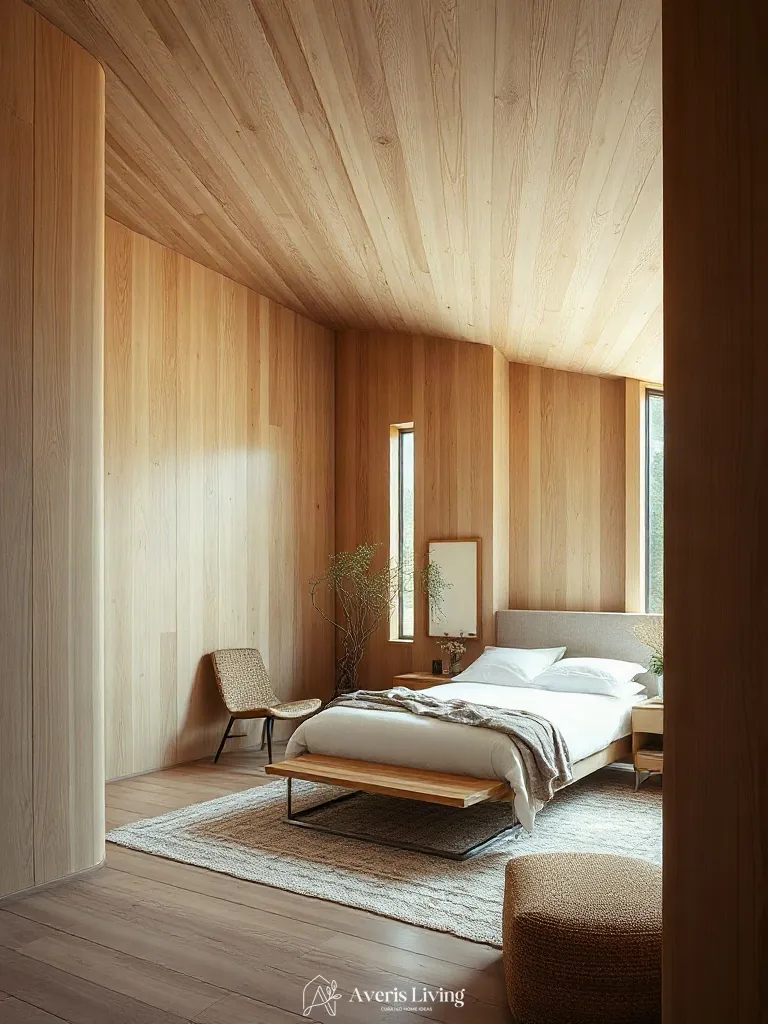 White oak wall paneling in an earthy boho bedroom aesthetic