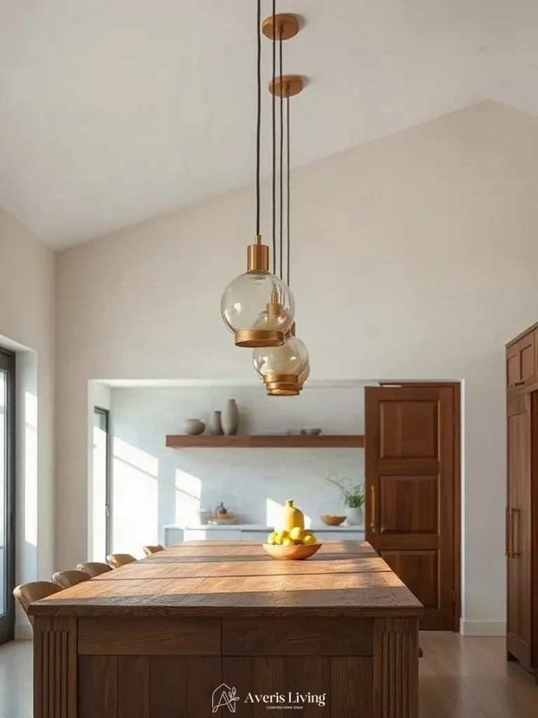Architectural pendant lighting suspended above a rustic wood kitchen island.