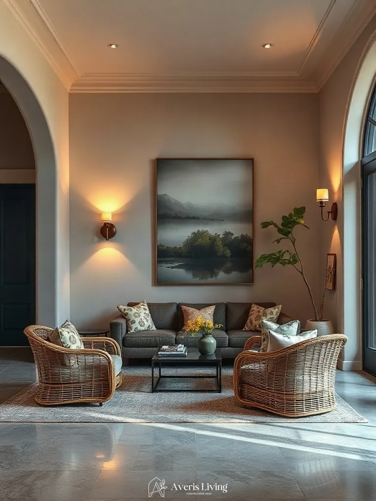 Architectural wall sconces illuminating rattan furniture living room styling at dusk