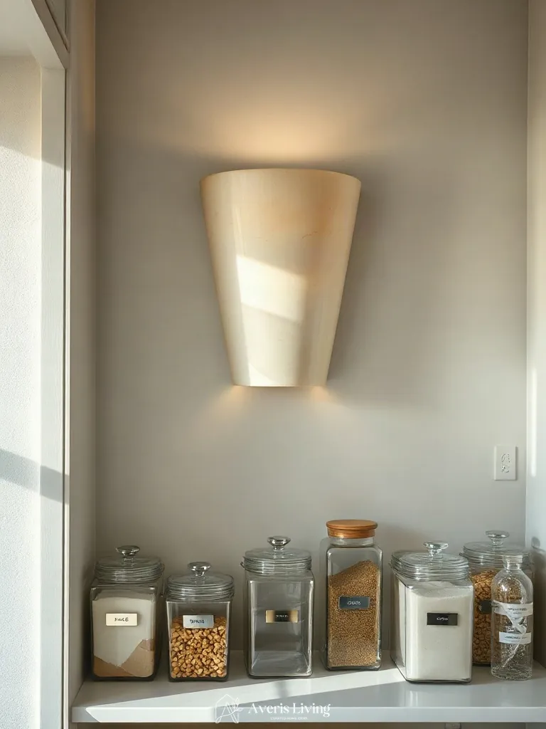 Architectural wall sconces casting light on labeled pantry bins.