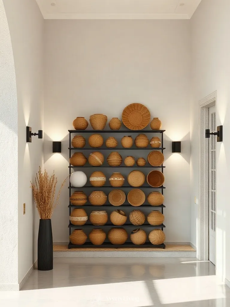 Architectural sconces casting light across a woven basket wall display.