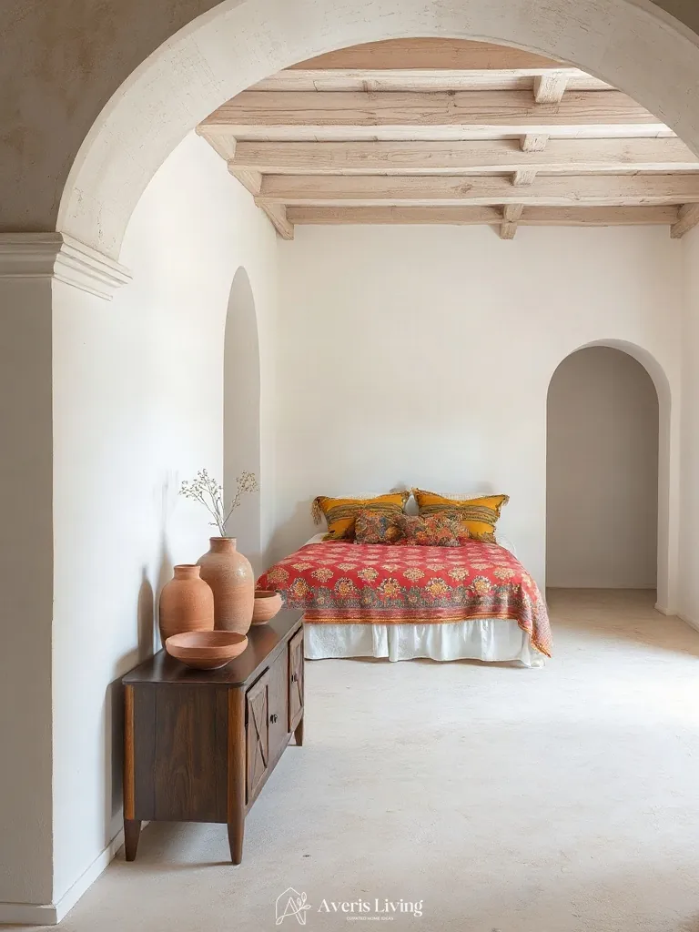 Sculptural ceramics styled near colorful bohemian bedding