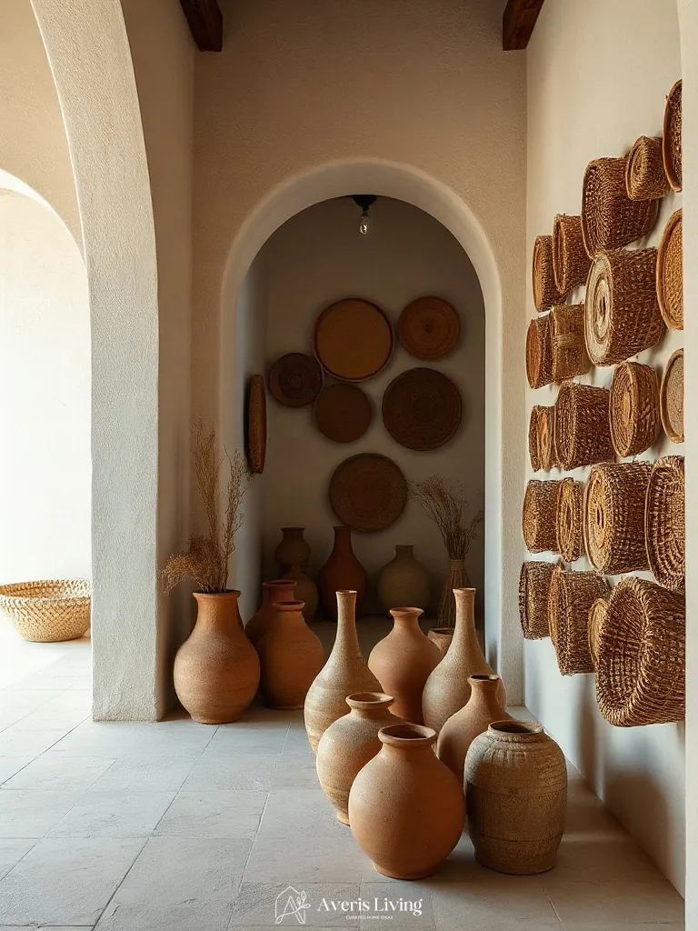 Sculptural ceramics displayed near a woven basket wall display.