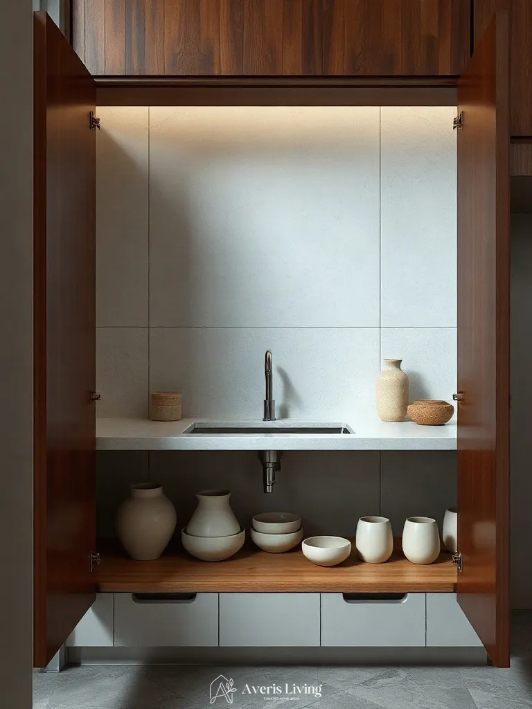 Sculptural ceramics styled within under sink storage solutions kitchen.