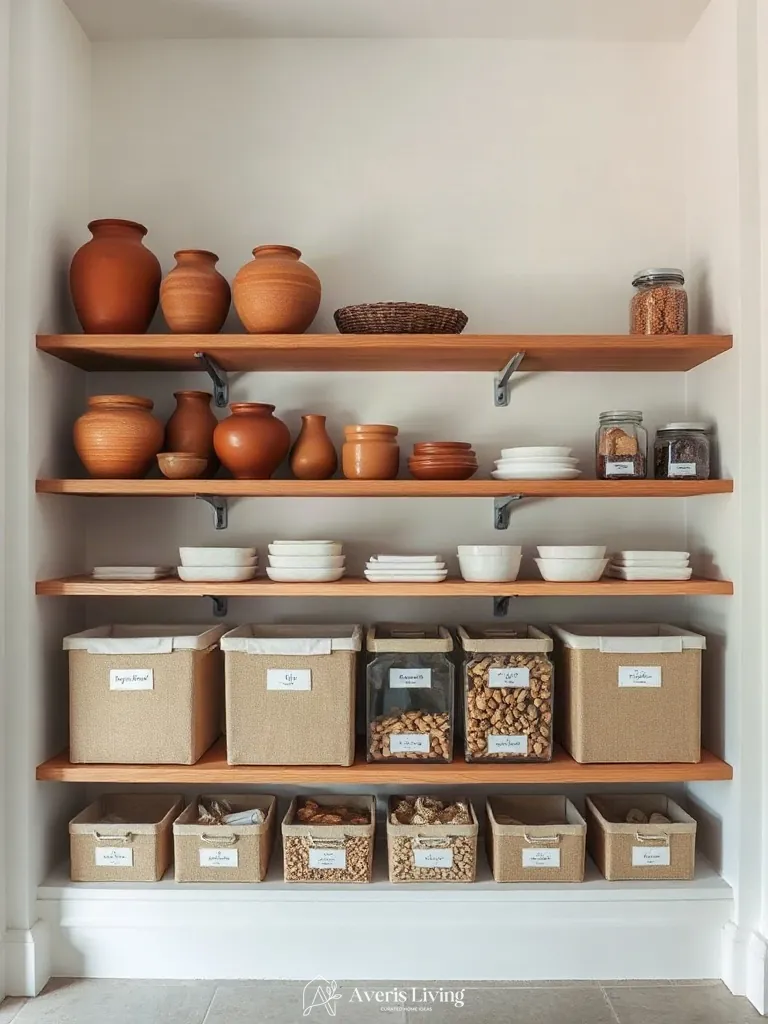 Sculptural ceramics styled alongside pantry organization bins and labels.