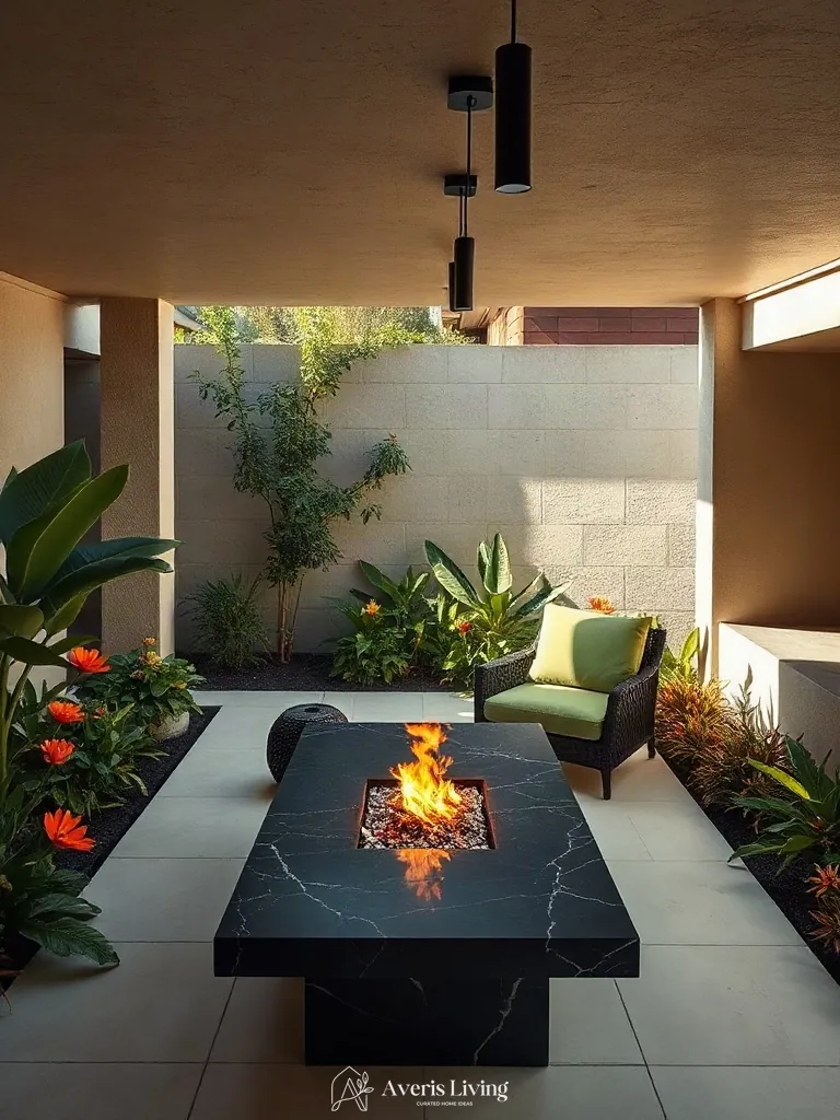 Fire and water anchor in tropical backyard flower bed design inspiration
