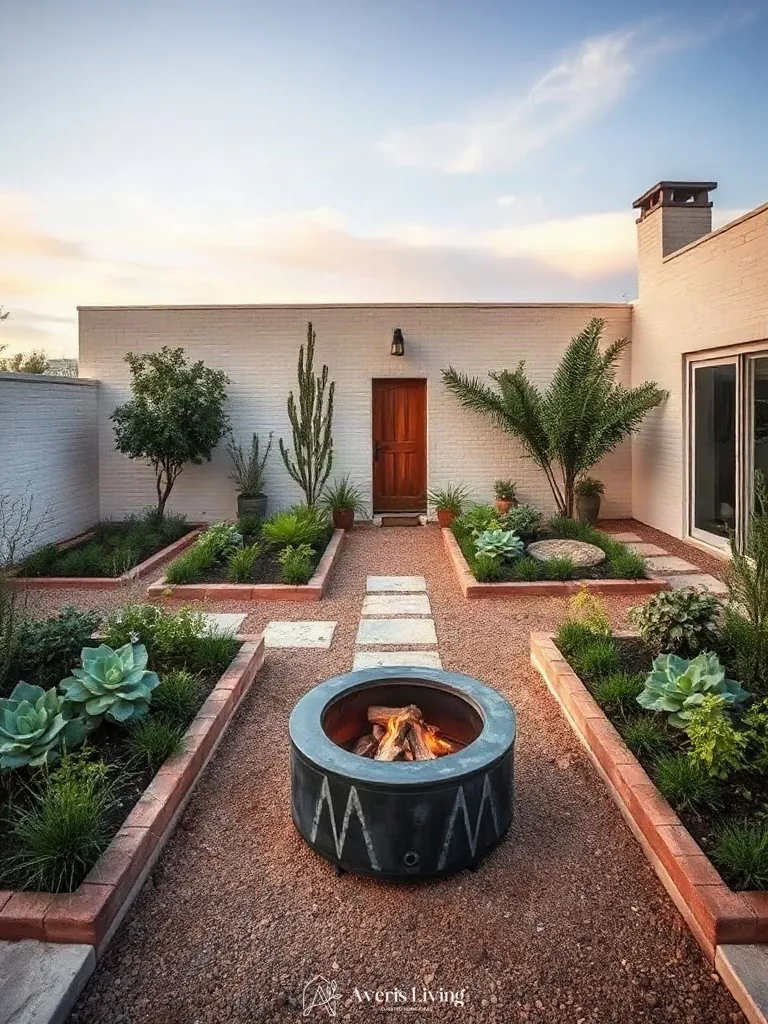 Sculptural fire element anchoring a no grass backyard vegetable garden layout