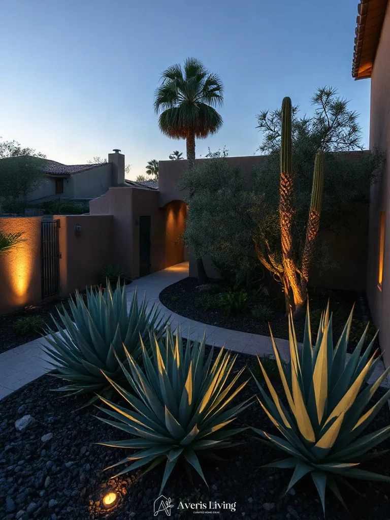 Sculptural foliage and architectural plants in low maintenance backyard landscaping.