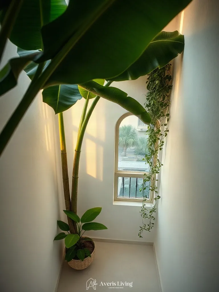 Sculptural foliage and tropical plants in a bohemian balcony decor setting.