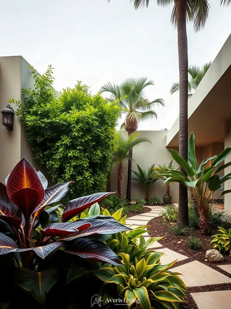 Sculptural foliage in tropical backyard flower bed design inspiration