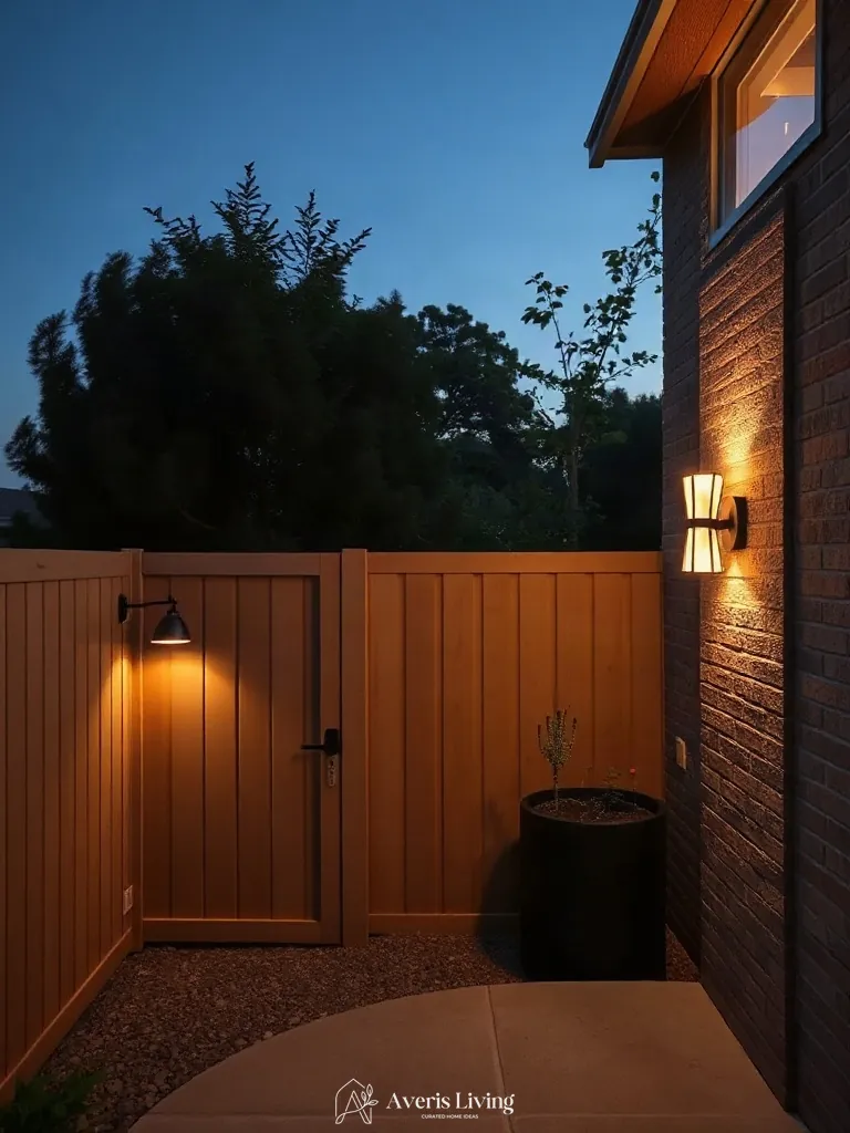 Architectural up-down lighting on aesthetic backyard privacy fence inspiration