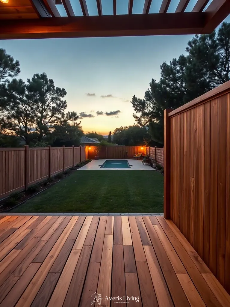 Vertical wooden slats and structural fence posts in boho backyard privacy fence makeover