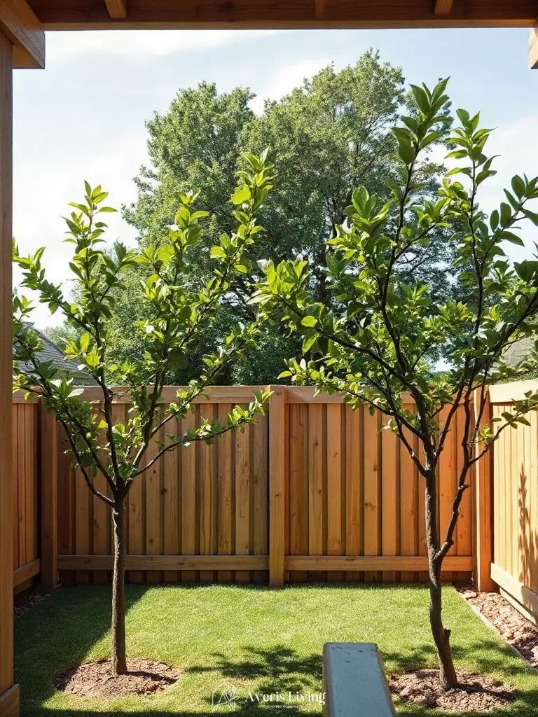 Espalier trees against a cozy backyard privacy fence layout