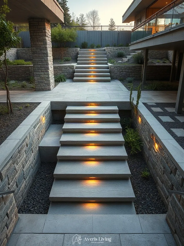 Seamless elevation transitions and floating steps in low maintenance backyard landscaping.