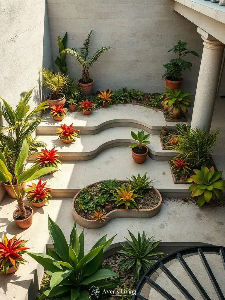 Terraced tropical backyard flower bed design inspiration with concrete steps
