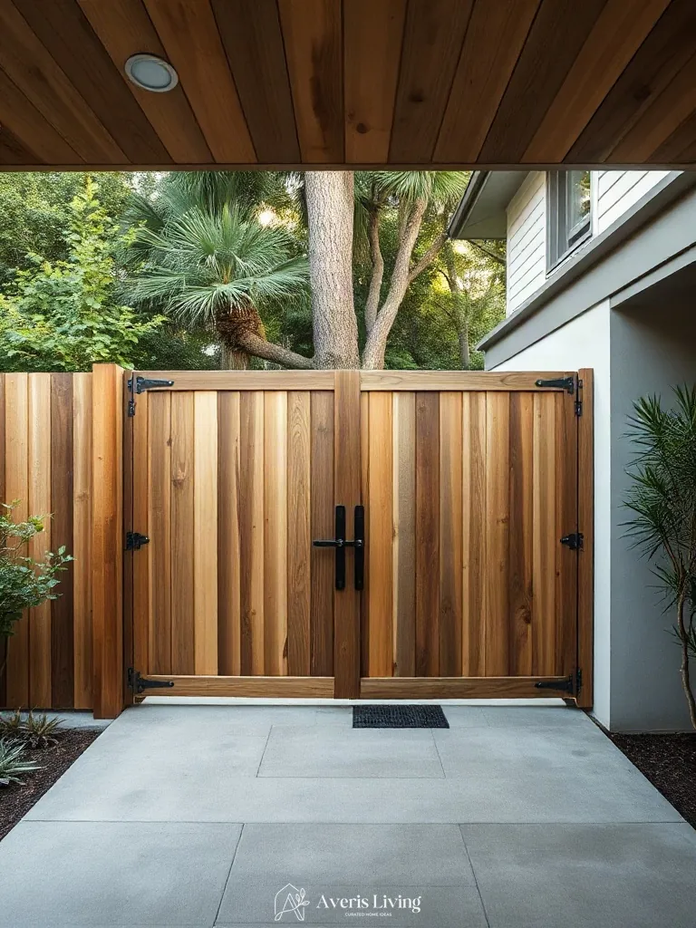 Custom pivot gate within aesthetic backyard privacy fence inspiration