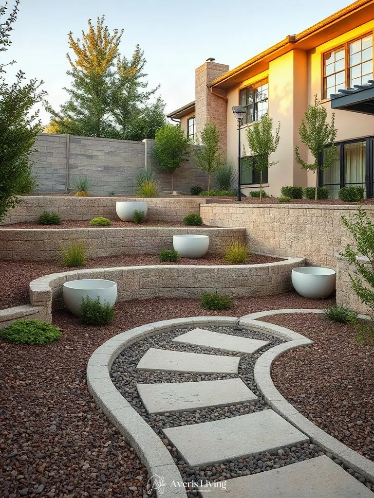 Integrated drought tolerant backyard retaining wall with landscape borders
