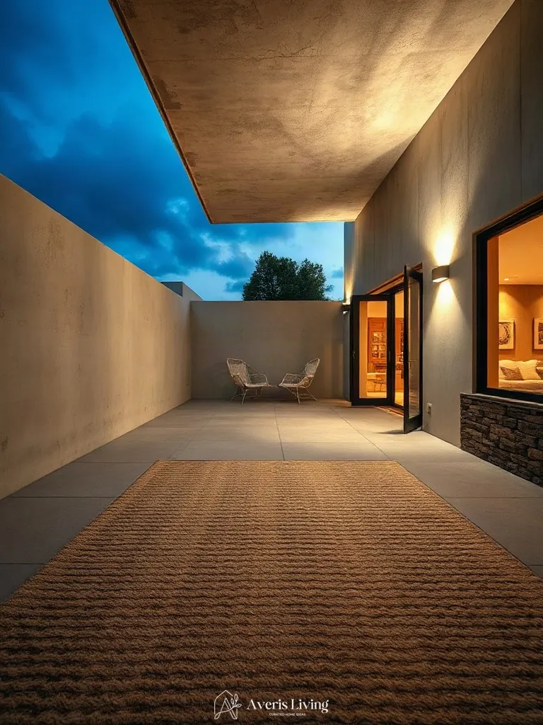 Mineral finishes contrasted with an outdoor rug boho style