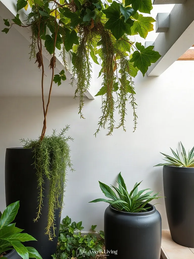 Designer planters in a tropical backyard herb garden before and after