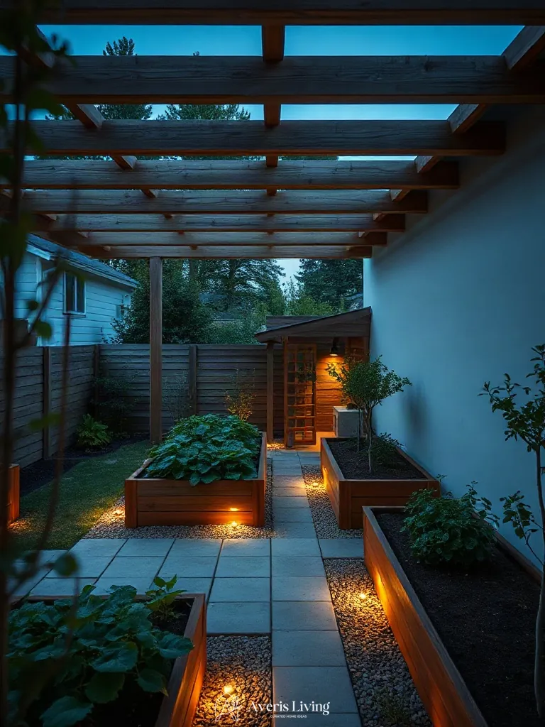 Rich Western red cedar details in a modern no grass backyard vegetable garden layout