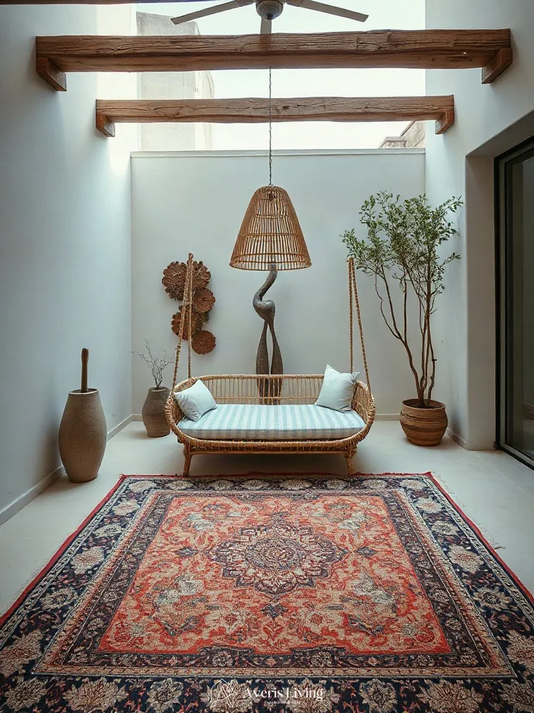 Statement anchor layout featuring an outdoor rug boho style
