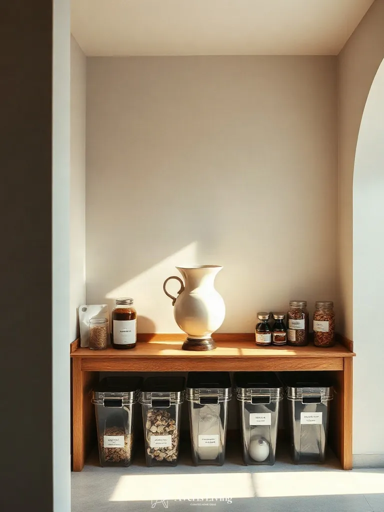 Soft table lamp illuminating a pantry counter with organized bins and labels.