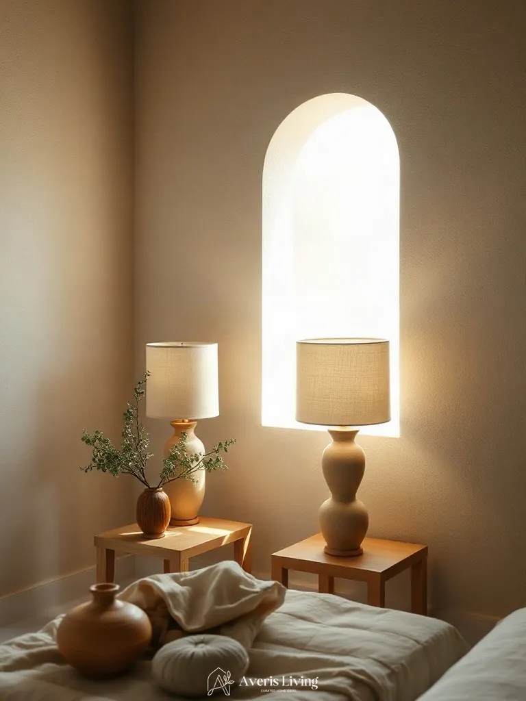 Ceramic table lamps in an earthy boho bedroom aesthetic