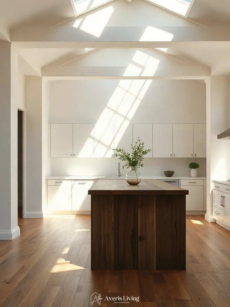 Golden afternoon sunlight filtering across a rustic wood kitchen island.