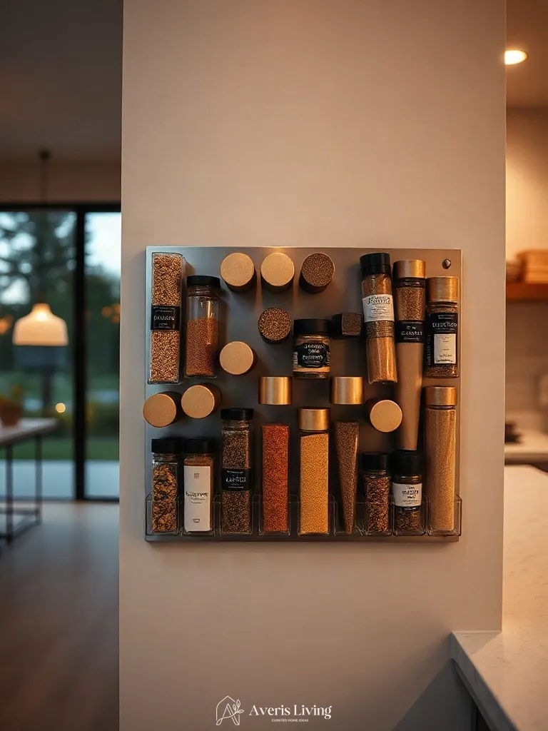 Dusk lighting reflecting off champagne-bronze magnetic spice rack ideas