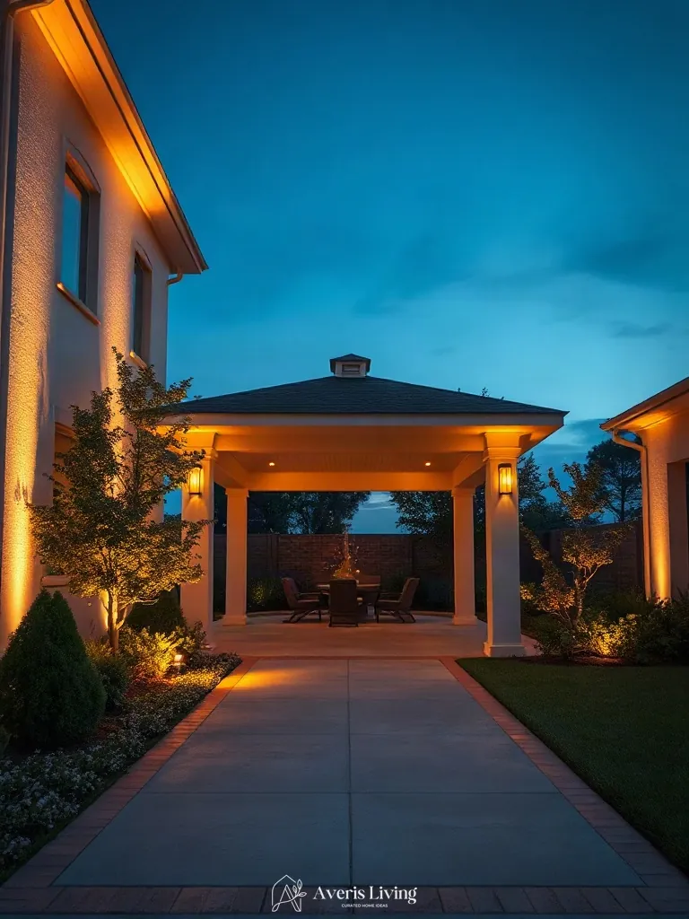 Low-voltage evening lighting surrounding an aesthetic backyard gazebo design