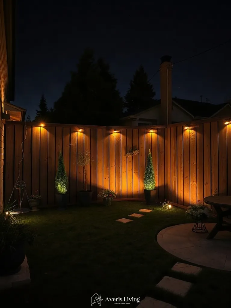 Low-voltage evening lighting on rustic fence layout
