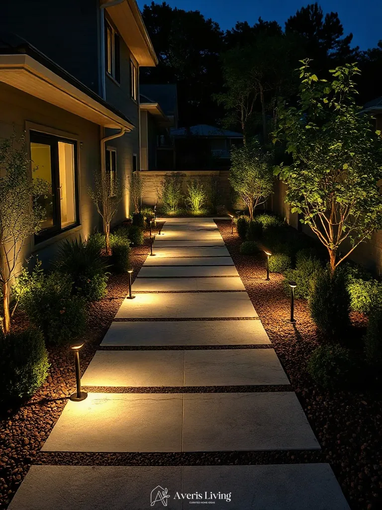 Low-voltage path lights highlighting backyard stepping stones at night