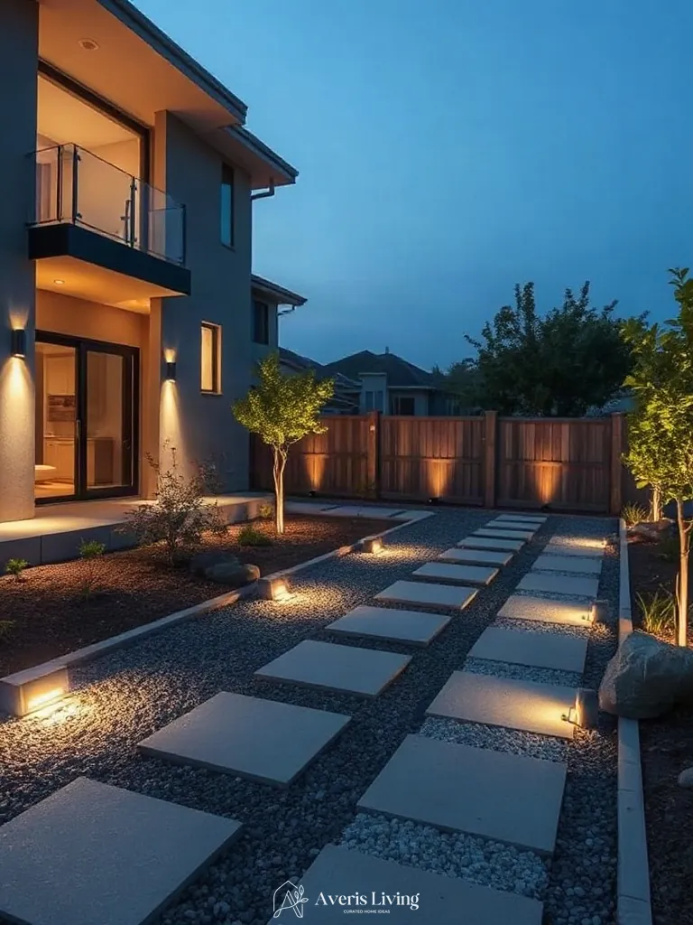 Low-voltage path lighting along backyard stepping stones