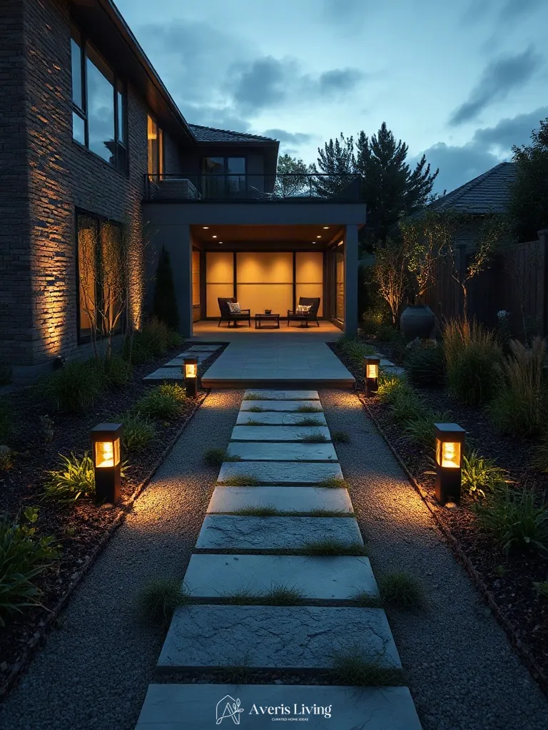Low-voltage lighting adding drama to a modern backyard stepping stones design