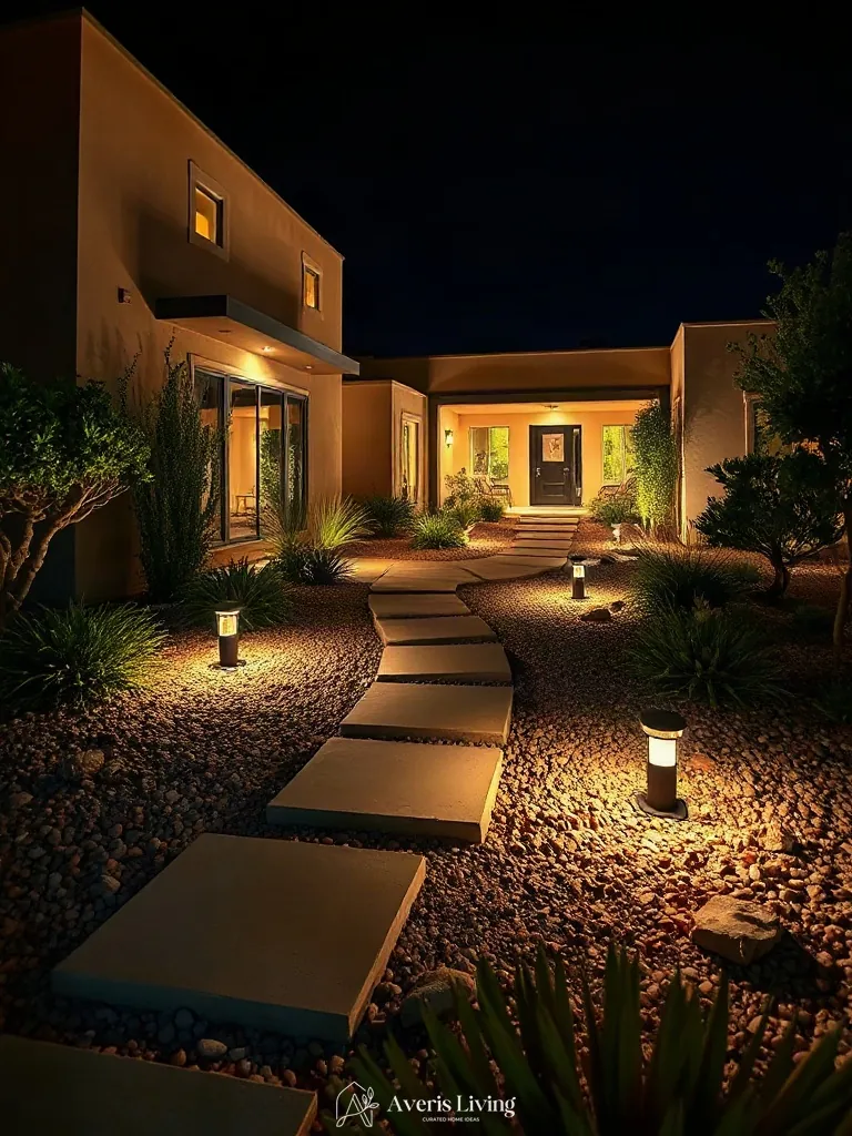Low-voltage architectural lighting along a stone pathway