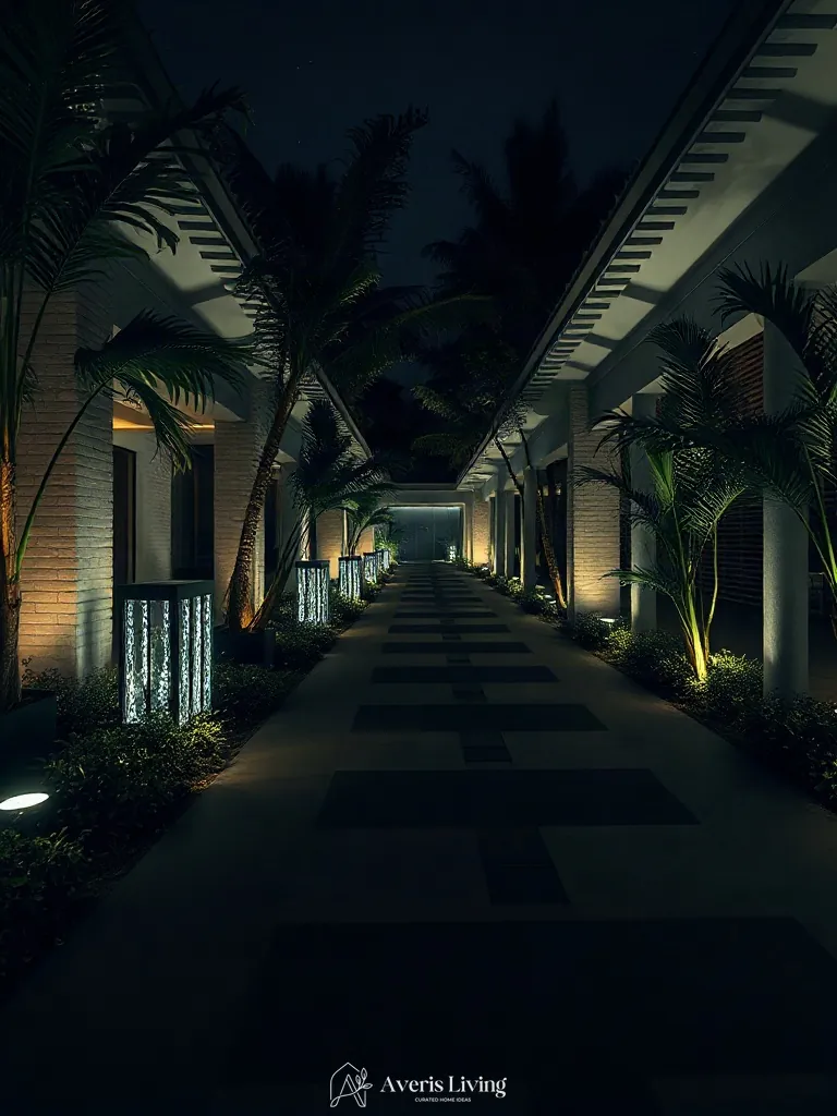 Low-voltage landscape lighting casting dramatic evening shadows