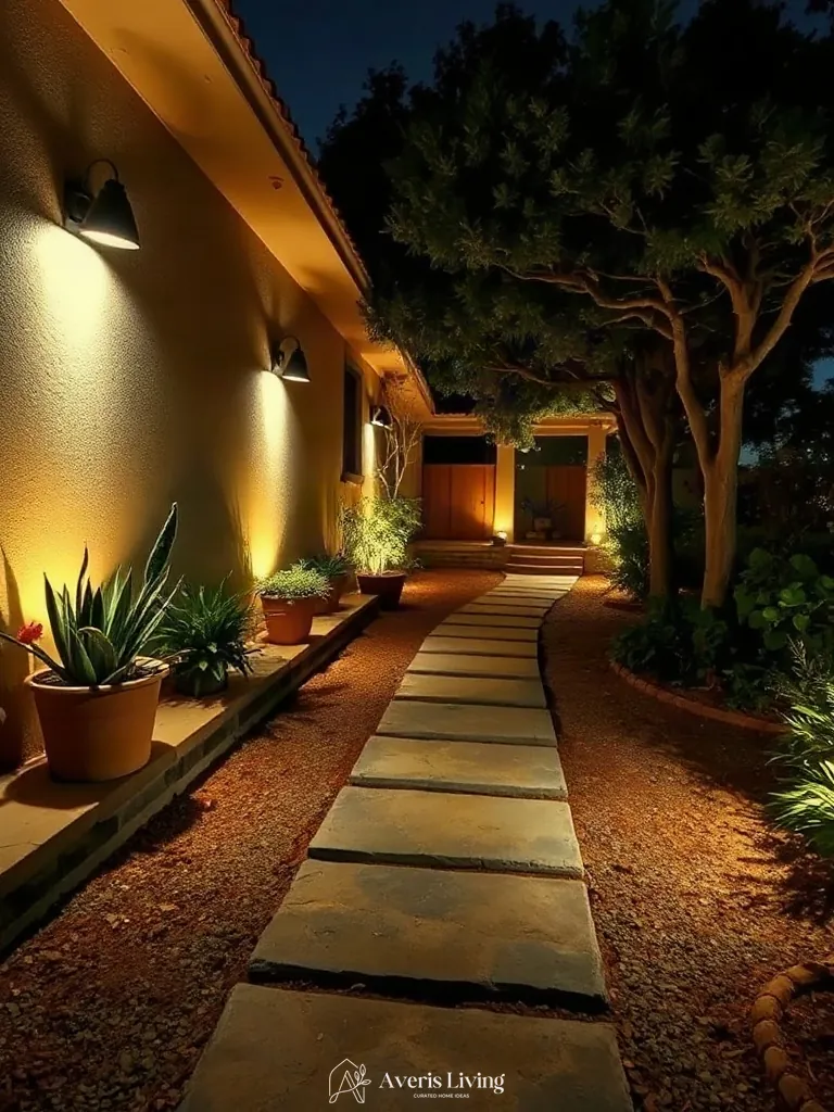 Soft low-voltage lighting along shade backyard stepping stones before and after