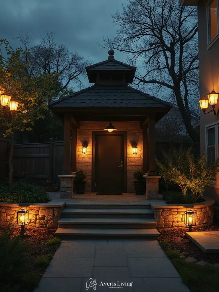 Soft low-voltage landscape lighting surrounding an outdoor gazebo