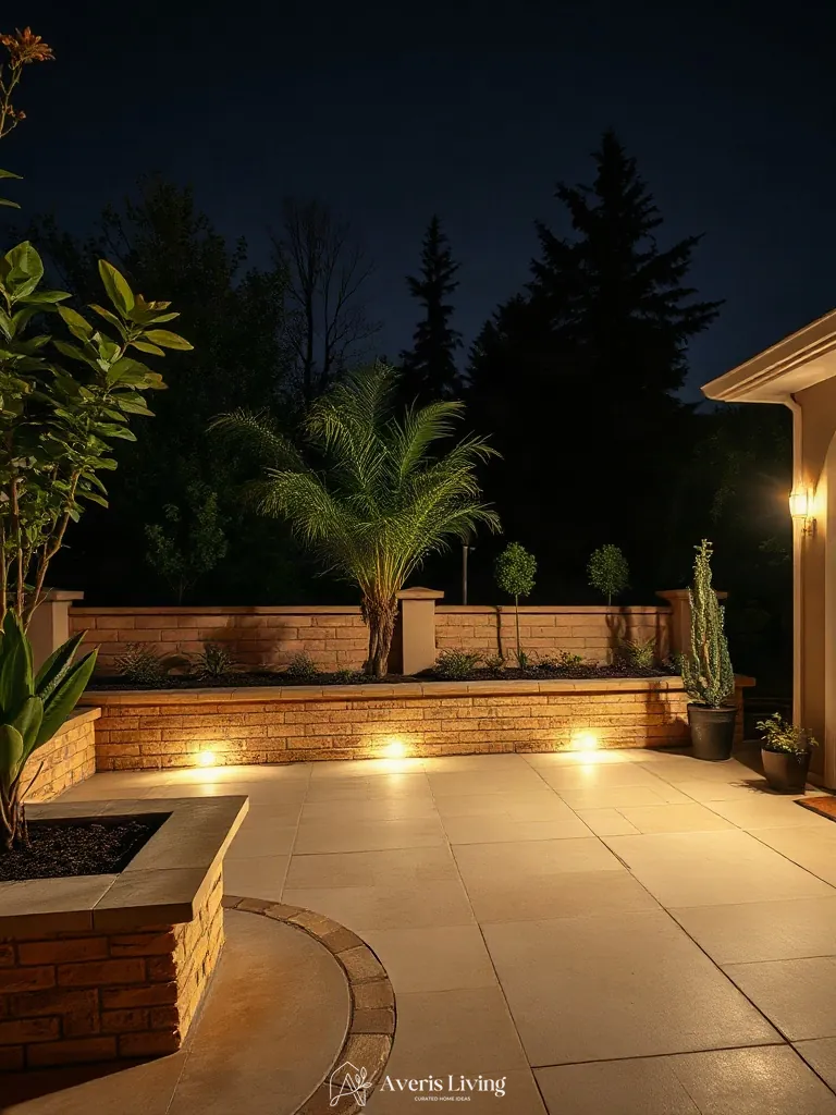 Low-voltage lighting on backyard retaining wall