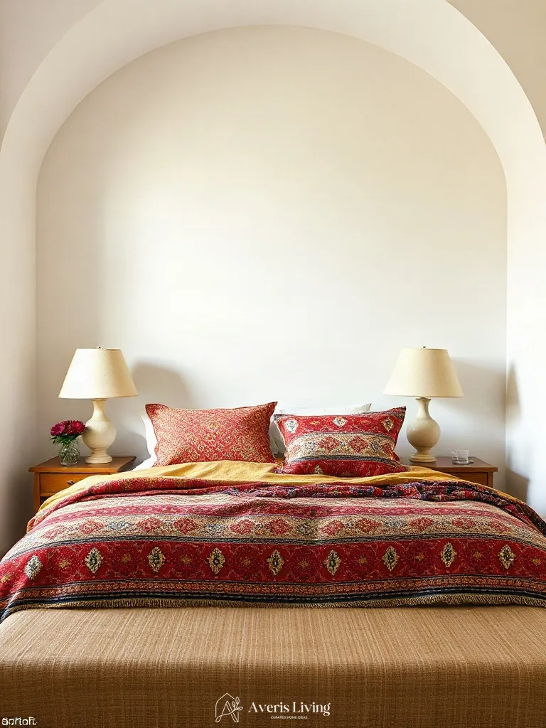 Soft table lamps illuminating colorful bohemian bedding