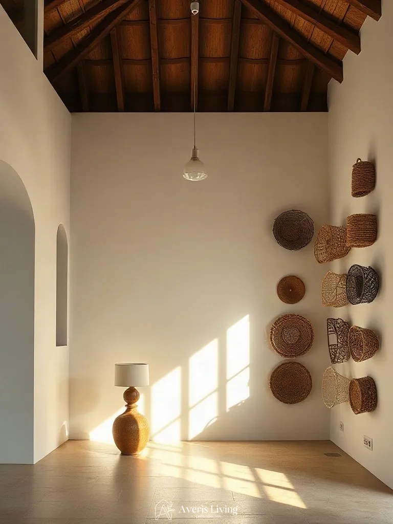 Table lamp illumination enhancing a woven basket wall display.